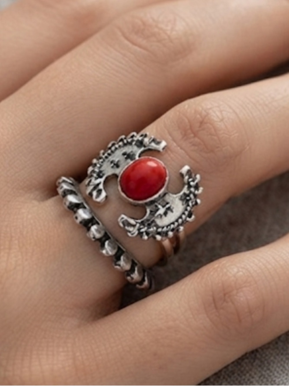 Silver Tone Women's Ring with Red Cabochon Accent
